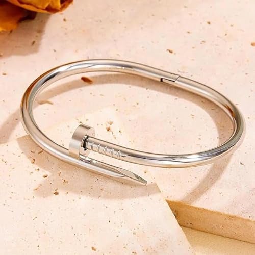 Okos Rhodium Plated Fashion Jewellery Stainless Steel Anti Tarnish Nail Style Cuff Bangle Bracelet Girls and Women BR1000058RHD - Image 3