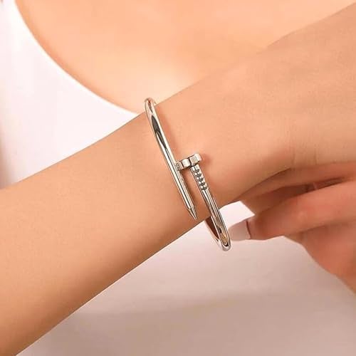 Okos Rhodium Plated Fashion Jewellery Stainless Steel Anti Tarnish Nail Style Cuff Bangle Bracelet Girls and Women BR1000058RHD - Image 5