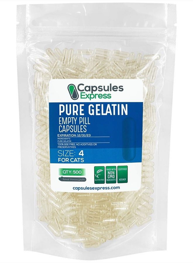 XPRS Nutra Size 4 Empty Capsules for Cats - Clear Empty Gelatin Capsules - Empty Pill Capsules for DIY Capsule Filling - Fillable Pure Bovine Pill Capsules Empty Gel Caps (500 Count) - Image 1