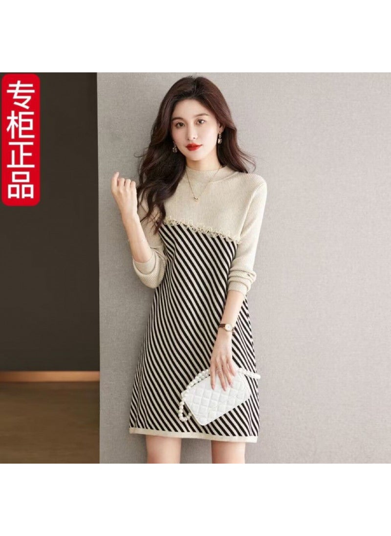 Generic Autumn Winter Knitted Dress Womens Coat Stripe Slimming Inner Wear Midi Length Base Layer Sweater Dress Street Style Trend Coffee  - Image 2