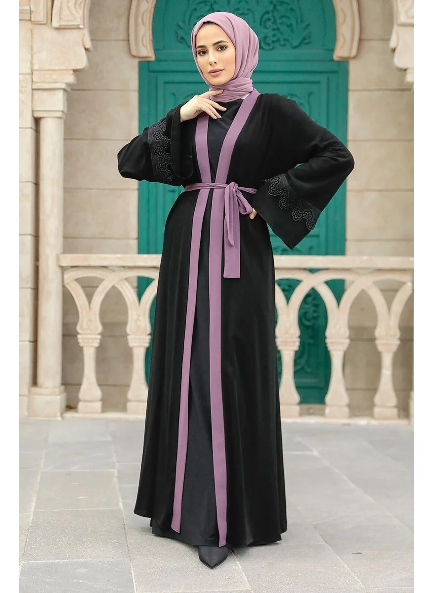 Neva Style - Belted Dark Rose Hijab Abaya 55440KGK