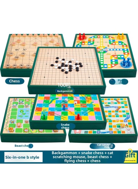 Flying Chess Gobang Chess Children's Puzzle Chess Checkers Elementary School Student Multi-function Game Board Toy Chess-Color:Six-in-one B