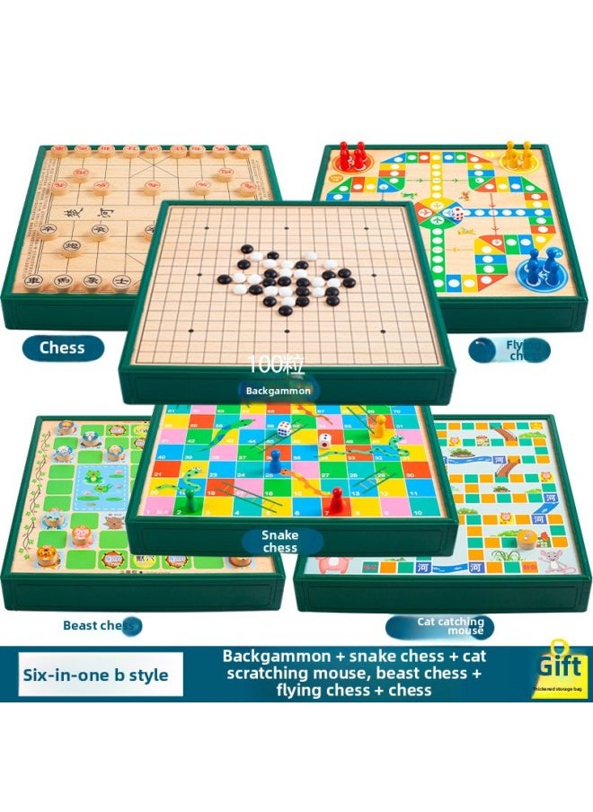 Generic - Flying Chess Gobang Chess Children's Puzzle Chess Checkers Elementary School Student Multi-function Game Board Toy Chess-Color:Six-in-one B - Image 1