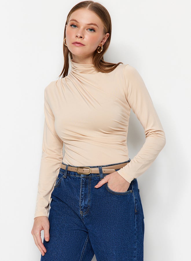 trendyol Stone Gathered Detail High Neck Snaps Elastic Knitted Bodysuit TWOAW24BD00014 - Image 1