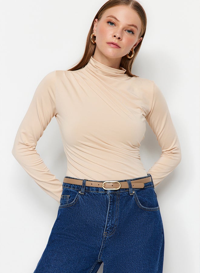 trendyol Stone Gathered Detail High Neck Snaps Elastic Knitted Bodysuit TWOAW24BD00014 - Image 3