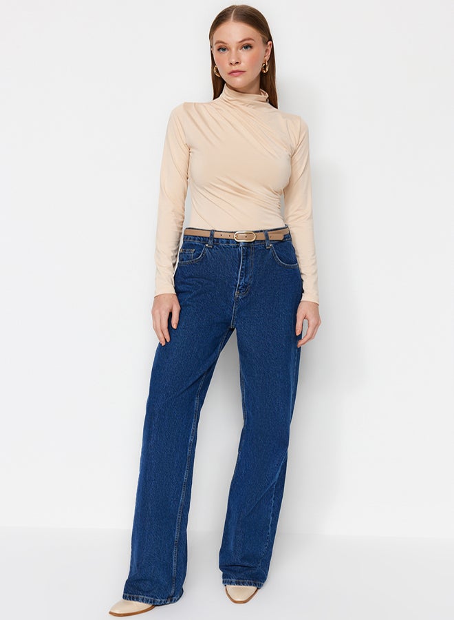 trendyol Stone Gathered Detail High Neck Snaps Elastic Knitted Bodysuit TWOAW24BD00014 - Image 2