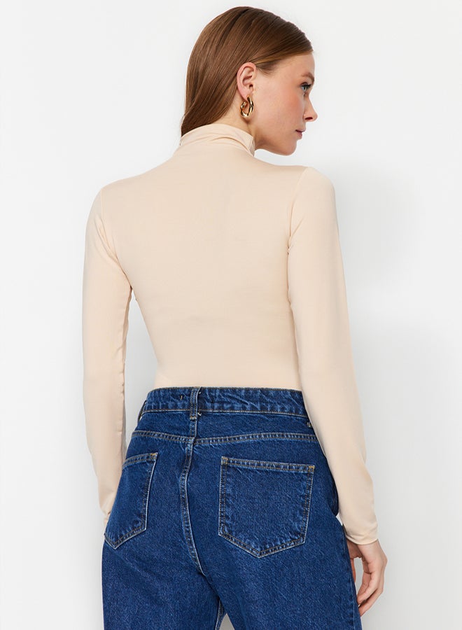 trendyol Stone Gathered Detail High Neck Snaps Elastic Knitted Bodysuit TWOAW24BD00014 - Image 5