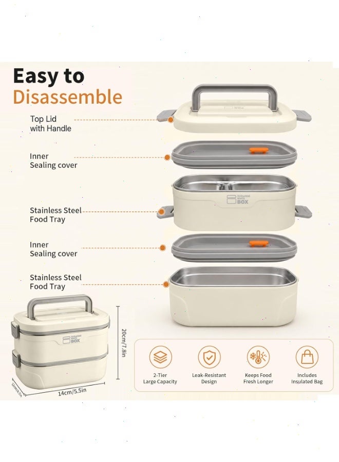 Pomefar 2-Tier Stackable Lunch Box with Insulated Bag, Stainless Steel Leakproof Bento Box, Double Layer Beige Lunch Container Kids Adults - Image 3
