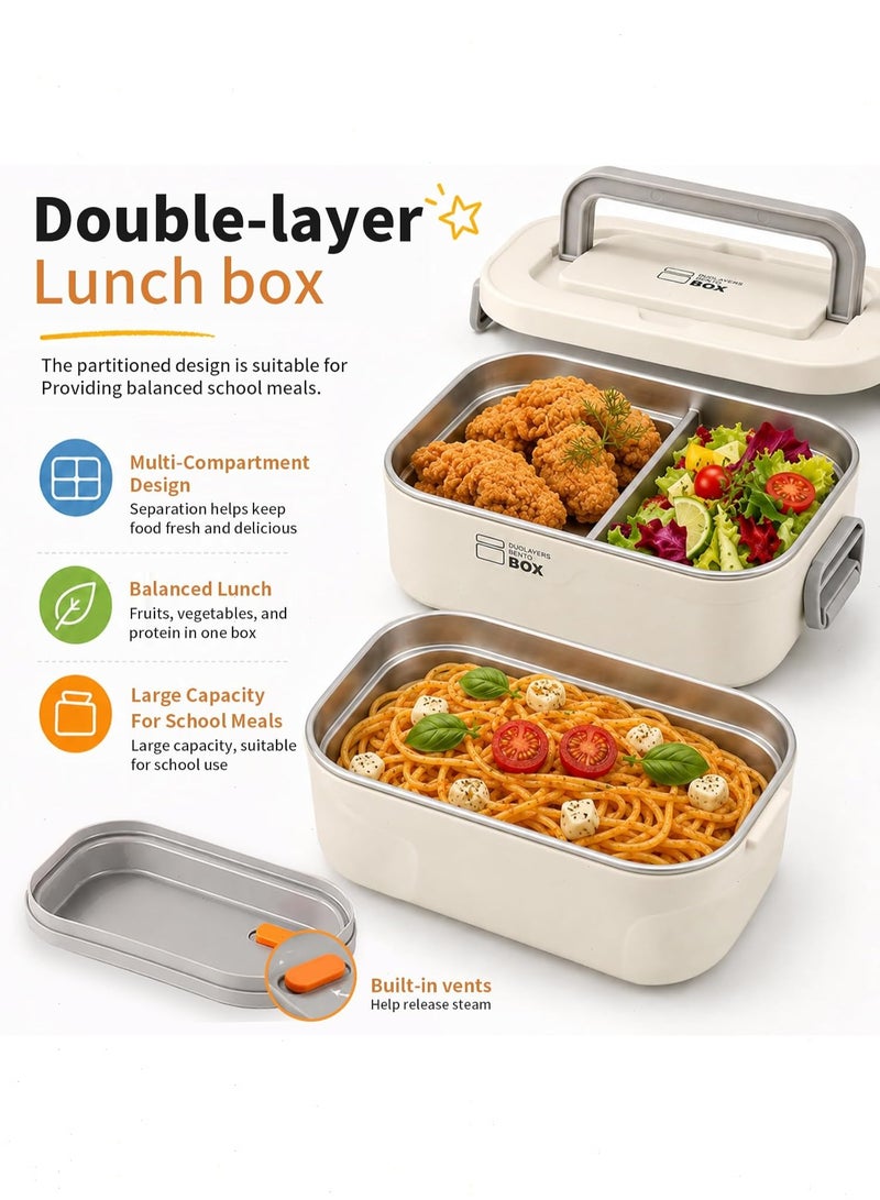 Pomefar 2-Tier Stackable Lunch Box with Insulated Bag, Stainless Steel Leakproof Bento Box, Double Layer Beige Lunch Container Kids Adults - Image 5