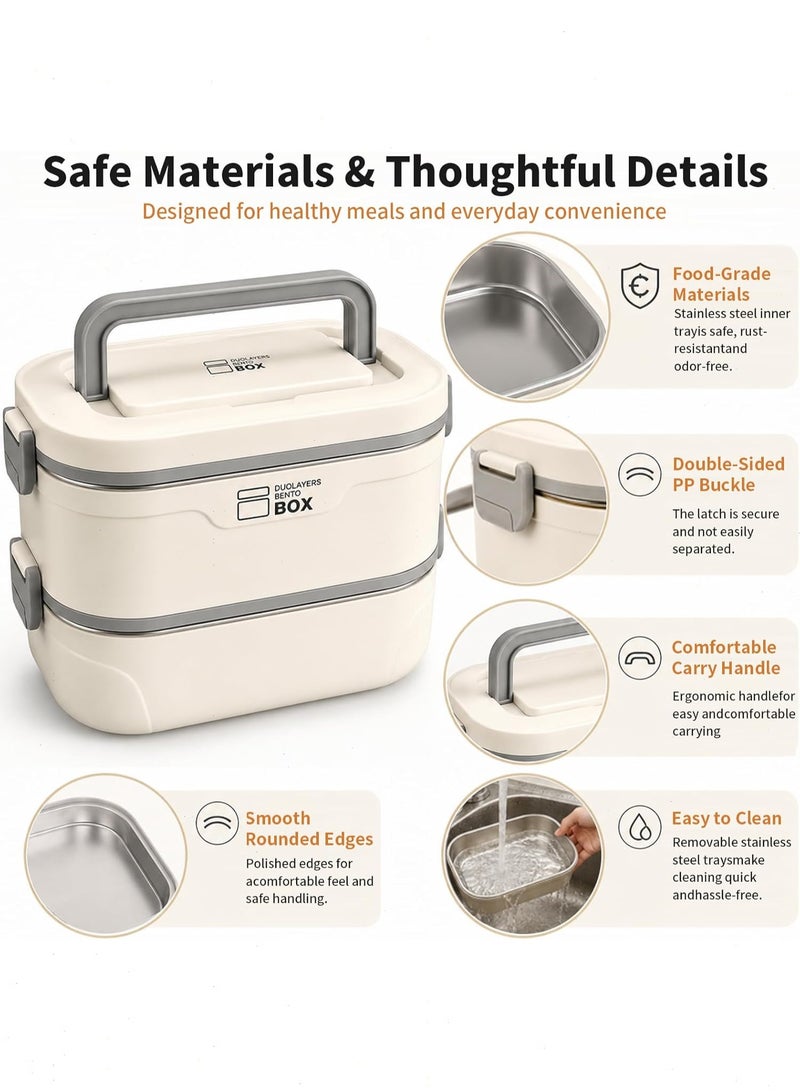 Pomefar 2-Tier Stackable Lunch Box with Insulated Bag, Stainless Steel Leakproof Bento Box, Double Layer Beige Lunch Container Kids Adults - Image 4