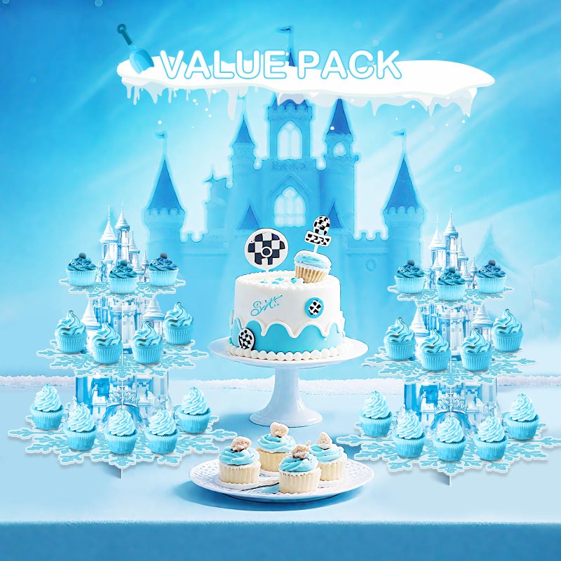 BACUTHY 2 Pack Cupcake Stands Frozen Birthday Party Decorations: 3-Tier Snowflake Winter Wonderland Theme Cupcake Holders for Girls Kids Princess Party Favors, Blue Castle Toppers Cup Cake Tower Stand - Image 5