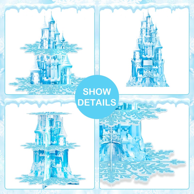 BACUTHY 2 Pack Cupcake Stands Frozen Birthday Party Decorations: 3-Tier Snowflake Winter Wonderland Theme Cupcake Holders for Girls Kids Princess Party Favors, Blue Castle Toppers Cup Cake Tower Stand - Image 4