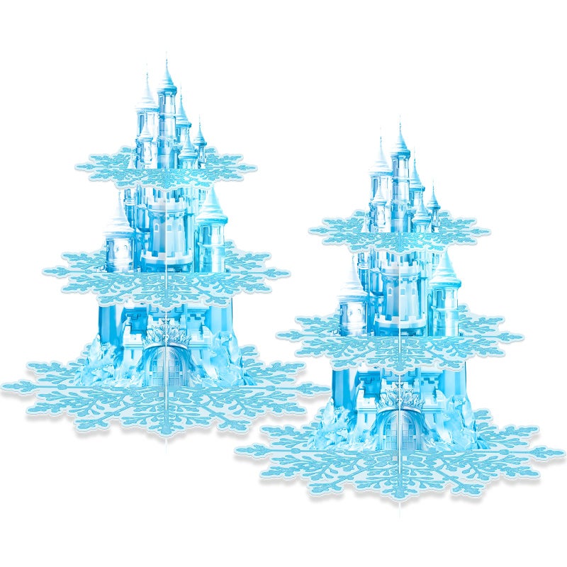 BACUTHY 2 Pack Cupcake Stands Frozen Birthday Party Decorations: 3-Tier Snowflake Winter Wonderland Theme Cupcake Holders for Girls Kids Princess Party Favors, Blue Castle Toppers Cup Cake Tower Stand - Image 1