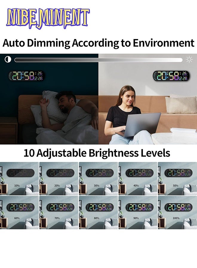 NIBEMINENT LED Digital Clock, Digital Wall Clock with Remote Control, RGB Atmosphere Lights with 8 Adjustable Night Light Colors, Dual Alarms, Temperature for Room （Multicolor） - Image 5