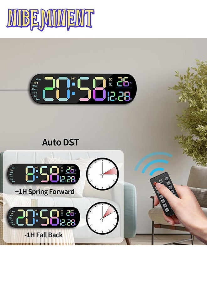 NIBEMINENT LED Digital Clock, Digital Wall Clock with Remote Control, RGB Atmosphere Lights with 8 Adjustable Night Light Colors, Dual Alarms, Temperature for Room （Multicolor） - Image 4