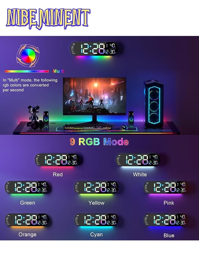 NIBEMINENT LED Digital Clock, Digital Wall Clock with Remote Control, RGB Atmosphere Lights with 8 Adjustable Night Light Colors, Dual Alarms, Temperature for Room （Multicolor） - Image 2