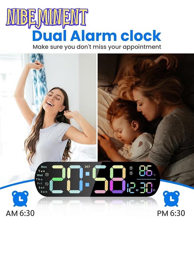 NIBEMINENT LED Digital Clock, Digital Wall Clock with Remote Control, RGB Atmosphere Lights with 8 Adjustable Night Light Colors, Dual Alarms, Temperature for Room （Multicolor） - Image 3