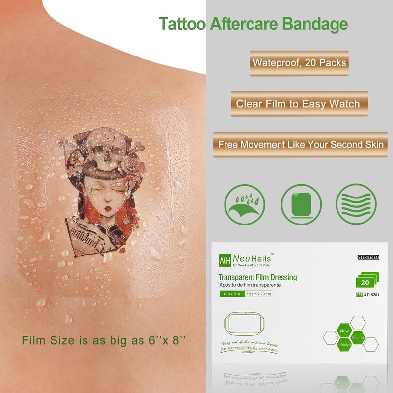 NeuHeils Transparent Film Dressing Size 6x8 20 Packs Tattoo Aftercare Bandages Large Waterproof Wound Cover Patch Post Surgical Shower Shiled IV Shield PICC Catheter Shower Cover - Image 3