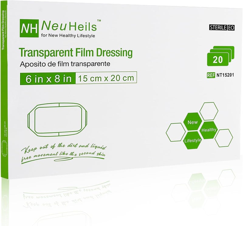 NeuHeils Transparent Film Dressing Size 6x8 20 Packs Tattoo Aftercare Bandages Large Waterproof Wound Cover Patch Post Surgical Shower Shiled IV Shield PICC Catheter Shower Cover - Image 1