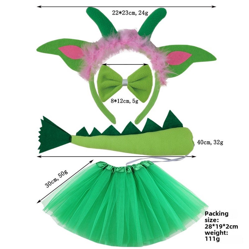Generic New Halloween animal headband dinosaur headband cartoon cute plush hair accessories funny Internet celebrity headband face washing female Pink top pterosaur ears three-piece set + grass green gauze skirt