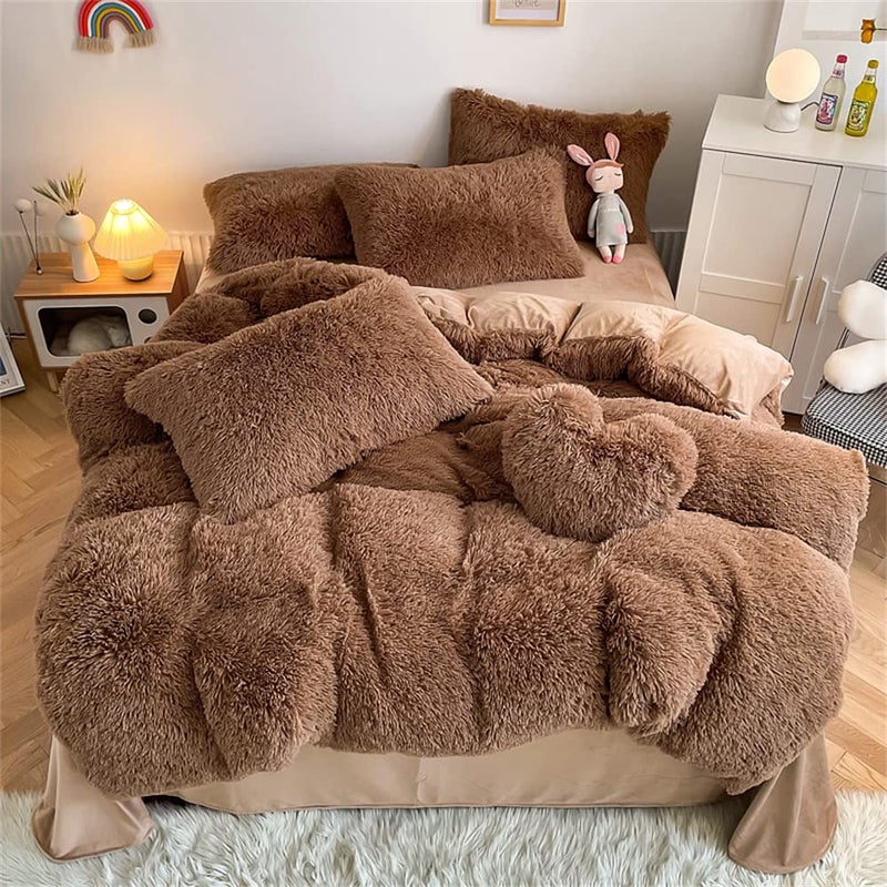 chovy Faux Fur Plush Coffee Comforter Sets TwinFull Size  Ultra Soft Shaggy Flannel Velvet Fluffy Fuzzy 3PC Bedding Set Comforter x 1 Pillowcases x 2