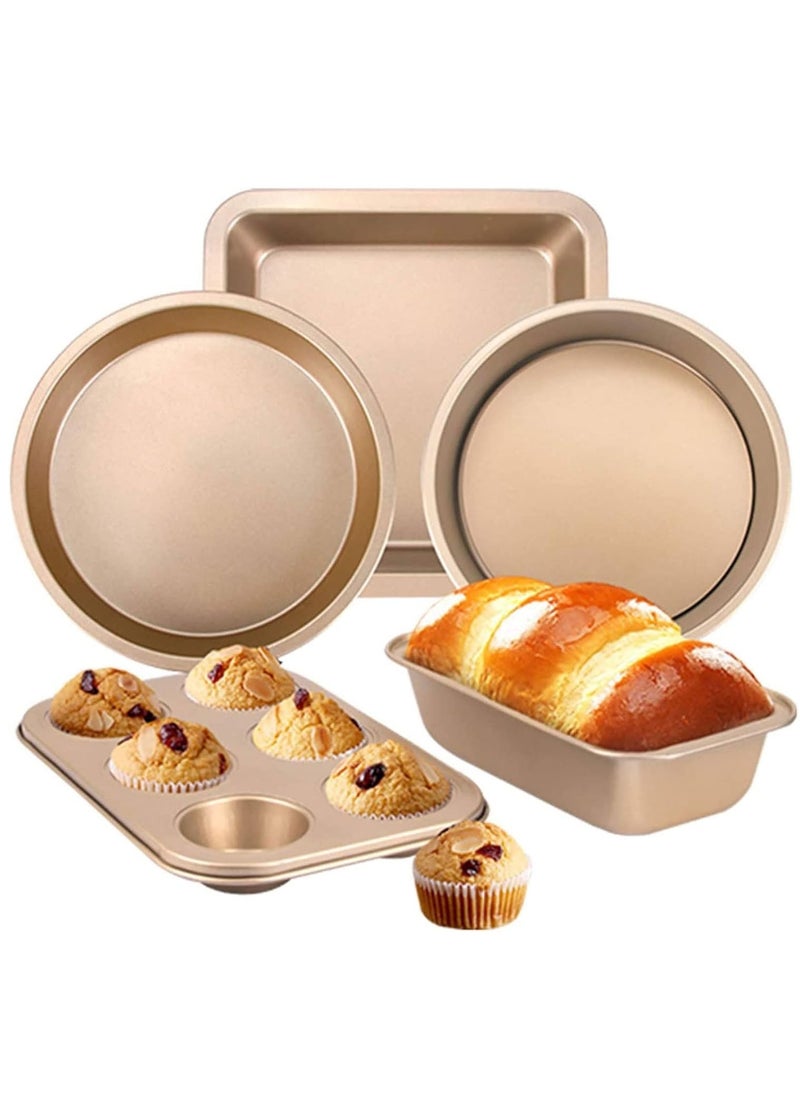 Arabest 5 Peice Nonstick Bakeware Set, Baking Pans Set- Pizza Tray, Round/Square Pans, Loaf Pan, 6-Cup Muffin Pan Carbon Steel Baking Trays Oven Trays for Bakers Beginners with Rack and Cotton Glove ( Gold)  - Image 1
