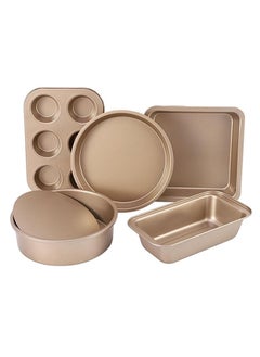 Arabest 5 Peice Nonstick Bakeware Set, Baking Pans Set- Pizza Tray, Round/Square Pans, Loaf Pan, 6-Cup Muffin Pan Carbon Steel Baking Trays Oven Trays for Bakers Beginners with Rack and Cotton Glove ( Gold)  - Image 2