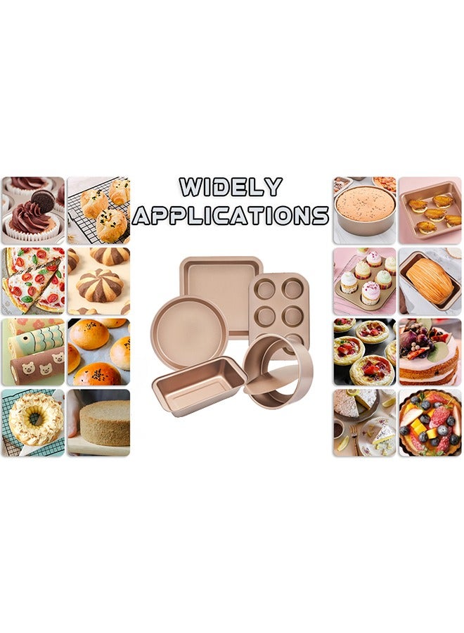 Arabest 5 Peice Nonstick Bakeware Set, Baking Pans Set- Pizza Tray, Round/Square Pans, Loaf Pan, 6-Cup Muffin Pan Carbon Steel Baking Trays Oven Trays for Bakers Beginners with Rack and Cotton Glove ( Gold)  - Image 3