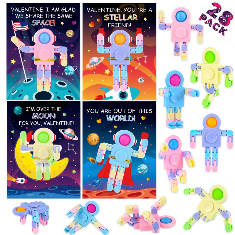 ZIRSENG Valentines Day Gifts for Kids Classroom 28PACK Pop Fidget Spinners Astronaut Bulk with Unique Valentines Cards for Classroom Exchange Prize Sensory Toys for Valentines Party Favors - Image 3