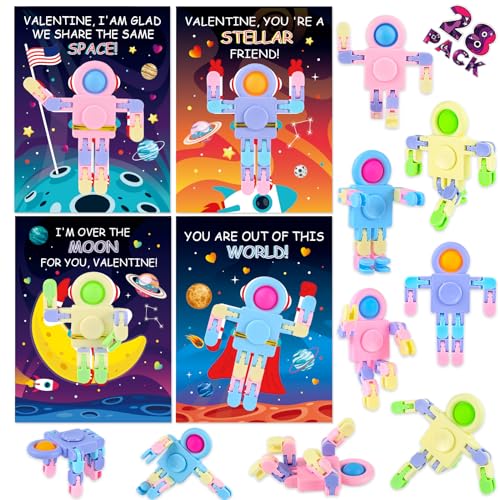 ZIRSENG Valentines Day Gifts for Kids Classroom 28PACK Pop Fidget Spinners Astronaut Bulk with Unique Valentines Cards for Classroom Exchange Prize Sensory Toys for Valentines Party Favors - Image 1