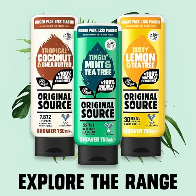 جل استحمام شجرة الشاي بالنعناع من أورجينال سورس برائحة طبيعية 100% نباتي خالي من القسوة خالي من البارابين زجاجة كبيرة 750 مل