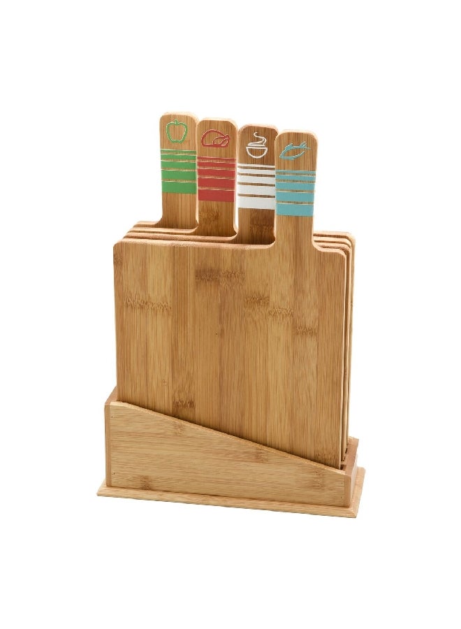 4-Piece Color-Coded Rectangular Bamboo Cutting Board Set with Holder Brown 33.5 x 9.5 x 23.4 cm HS-0027