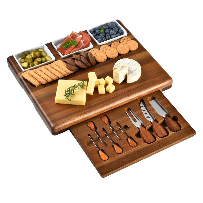 Shanik Shanik Large Acacia Wood Charcuterie Board Set with 3 Removable Ceramic Bowls  Serving Utensils  Housewarming Wedding Bridal Shower Home and Kitchen New Home Gift Ideas for Women Gifts for Her 
