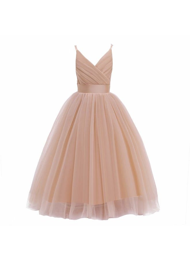 Glamulice Flower Girls Lace Bridesmaid Dress Long A Line Wedding Pageant Dresses Tulle Party Gown, V-neck & Golden, 10 Years - Image 1