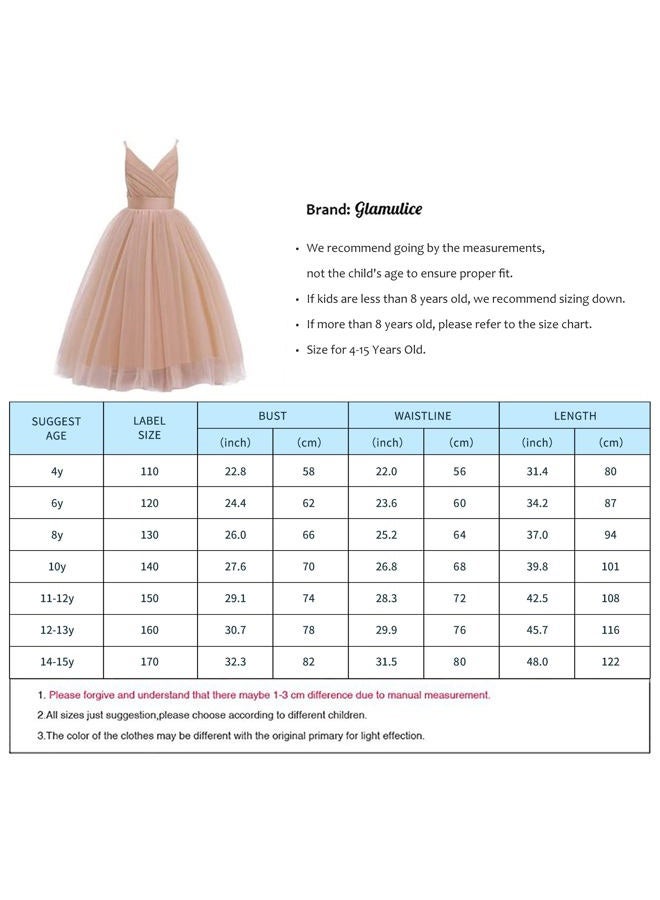 Glamulice Flower Girls Lace Bridesmaid Dress Long A Line Wedding Pageant Dresses Tulle Party Gown, V-neck & Golden, 10 Years - Image 4