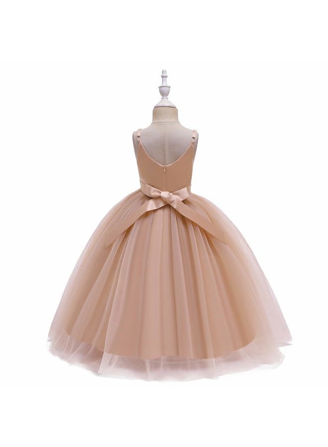 Glamulice Flower Girls Lace Bridesmaid Dress Long A Line Wedding Pageant Dresses Tulle Party Gown, V-neck & Golden, 10 Years - Image 5