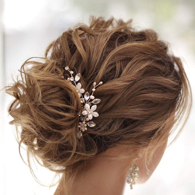 IYOU Bridal Flower Hair Pins Silver Rhinestones Bride Hair Clips Pearl Wedding Hair Accessories for Women and Girls (Pack of 2) (silver) - Image 2