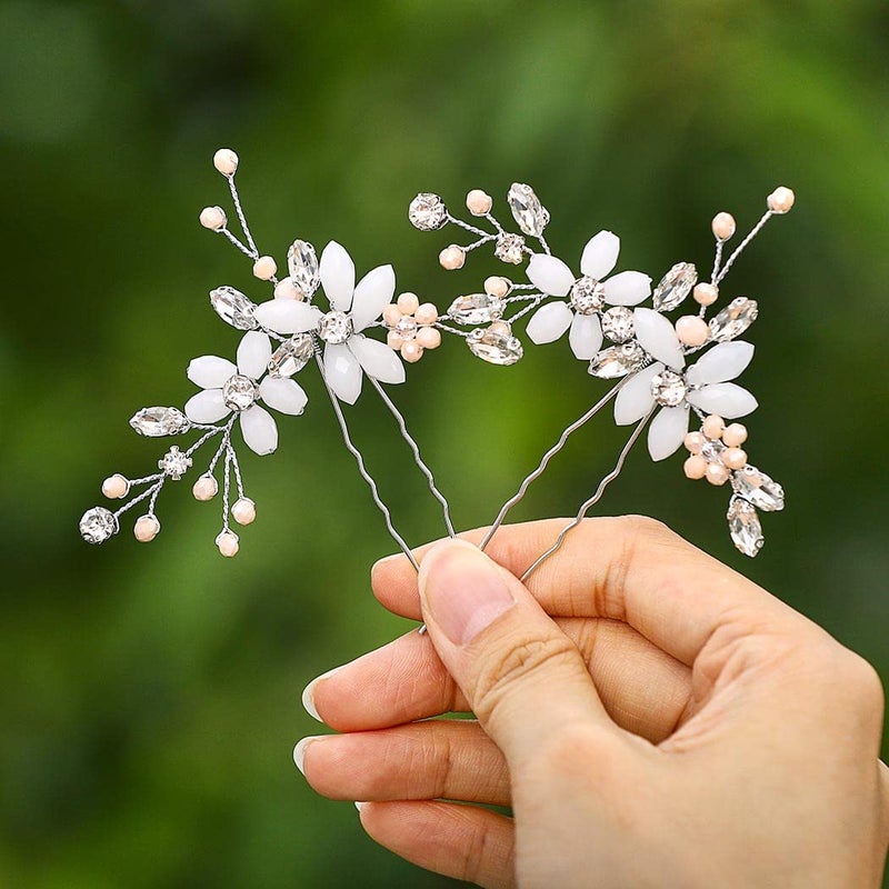 IYOU Bridal Flower Hair Pins Silver Rhinestones Bride Hair Clips Pearl Wedding Hair Accessories for Women and Girls (Pack of 2) (silver) - Image 1