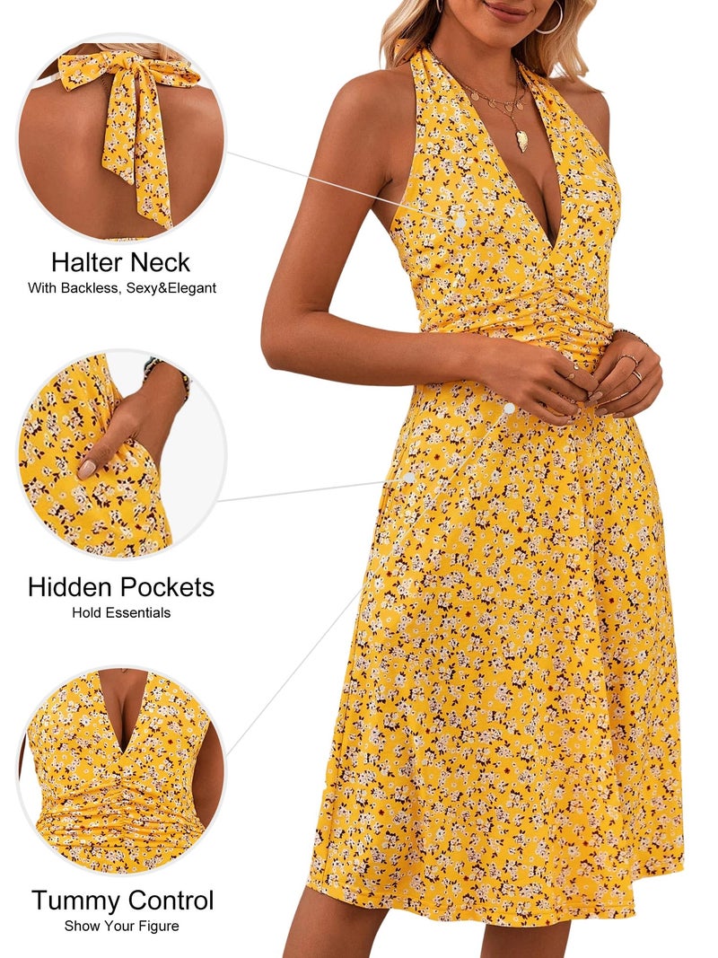 HUHOT Sundresses Beach Vacation Clothes for Women 2026 Summer Beach Dress Resort Wear Floral Casual Spring Hawaiian Boho Petite Dresses Halter Vacation Easter Sexy Midi Dress - Image 4