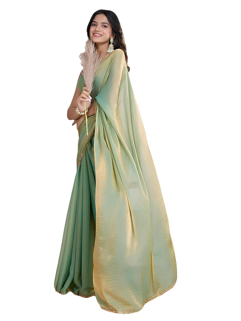 Sidhidata Women's Pista & Gold Two Tone Shaded Soft Fandy Silk Saree with Hand Work Lace Border and Unstitched Blouse Piece - Image 1