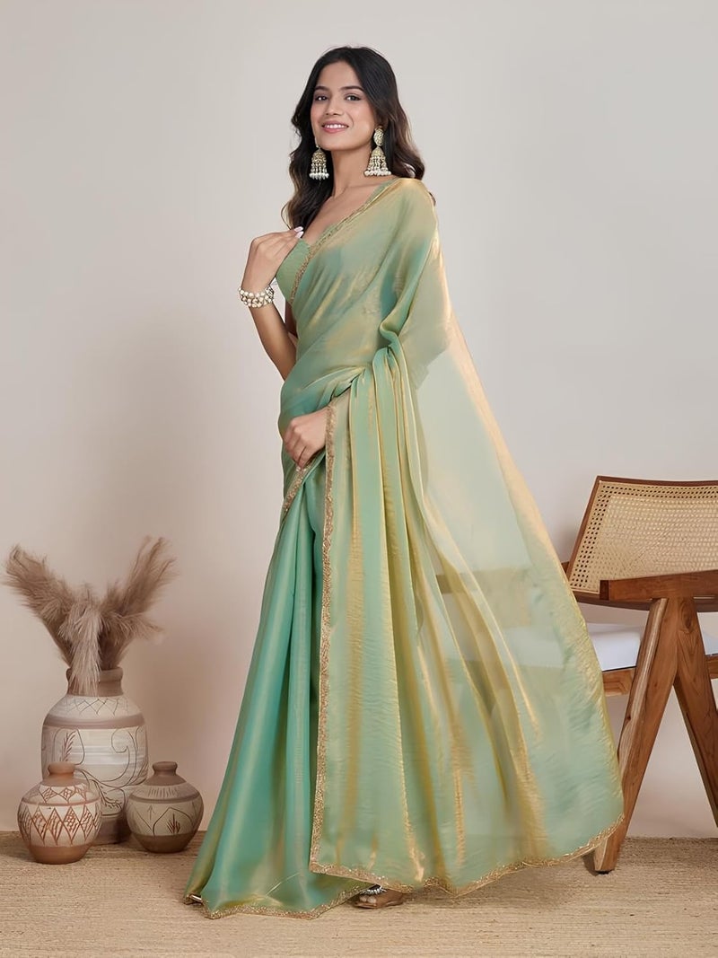 Sidhidata Women's Pista & Gold Two Tone Shaded Soft Fandy Silk Saree with Hand Work Lace Border and Unstitched Blouse Piece - Image 4