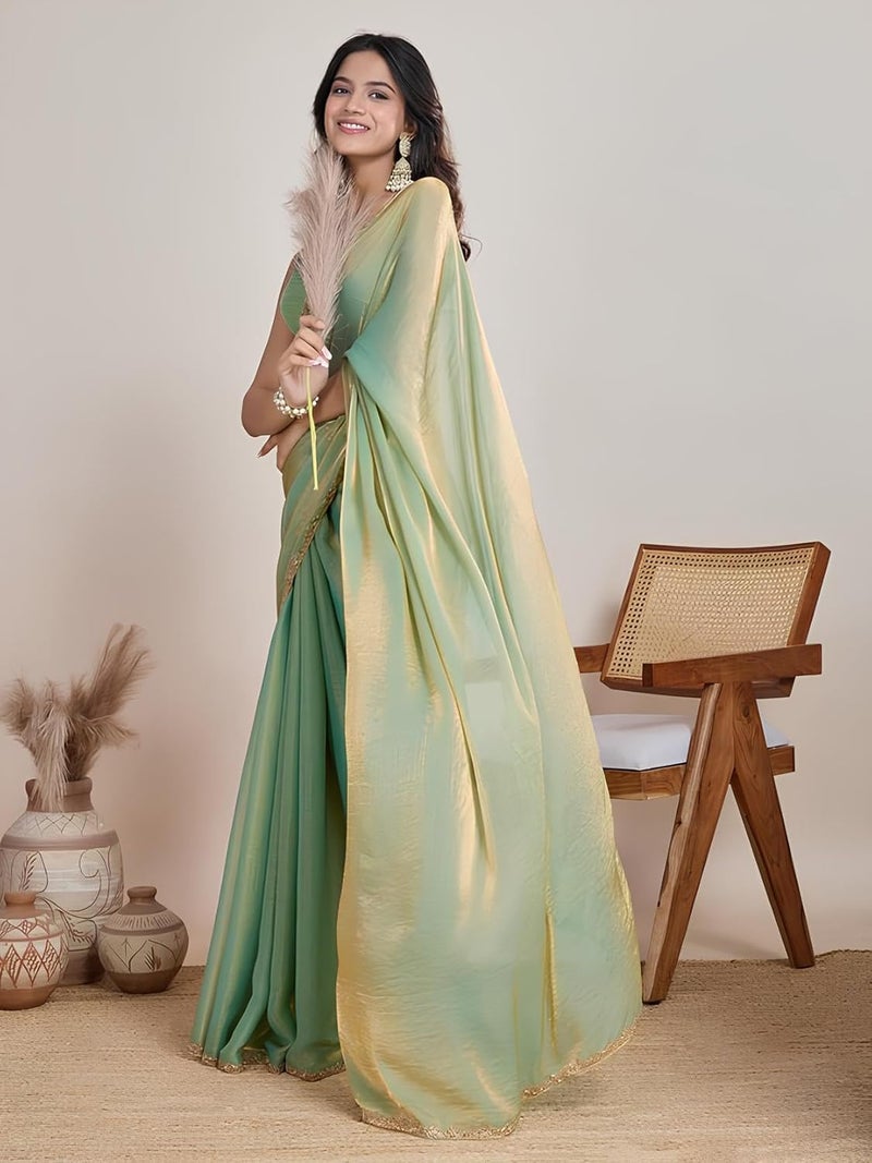 Sidhidata Women's Pista & Gold Two Tone Shaded Soft Fandy Silk Saree with Hand Work Lace Border and Unstitched Blouse Piece - Image 5