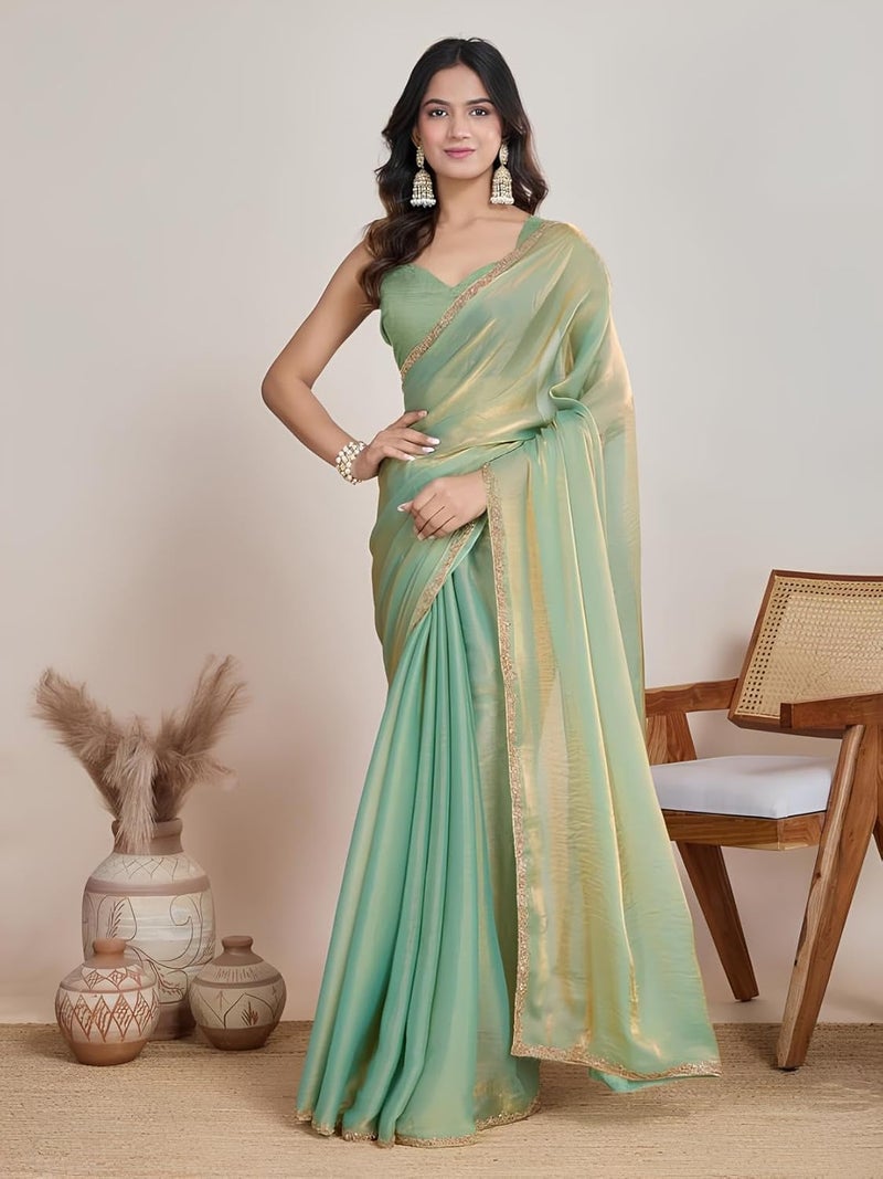Sidhidata Women's Pista & Gold Two Tone Shaded Soft Fandy Silk Saree with Hand Work Lace Border and Unstitched Blouse Piece - Image 2