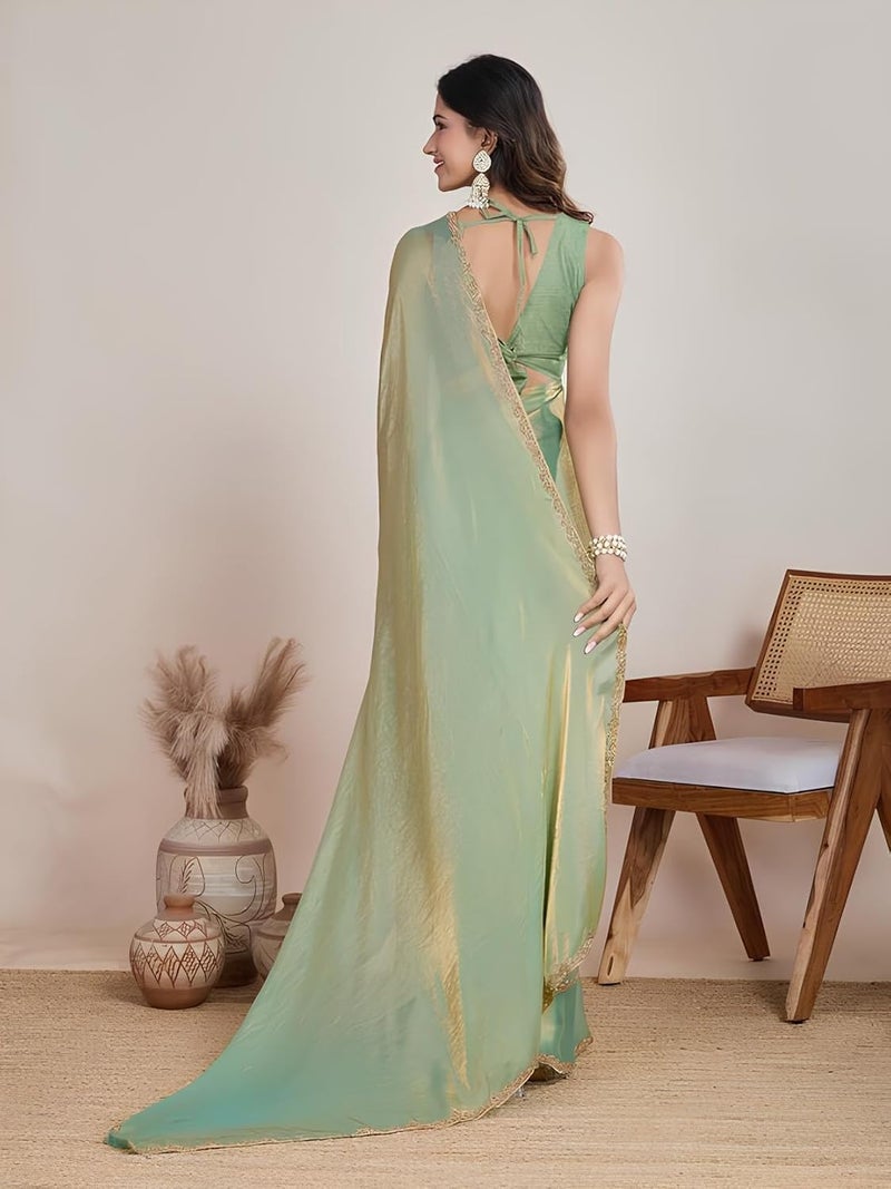Sidhidata Women's Pista & Gold Two Tone Shaded Soft Fandy Silk Saree with Hand Work Lace Border and Unstitched Blouse Piece - Image 3