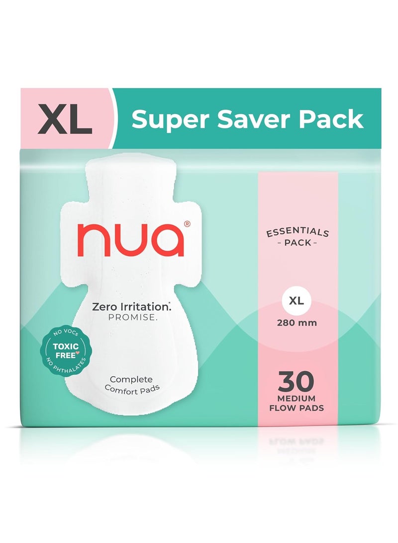 Nua Ultra-Safe Sanitary Pads for Women | SUPER SAVER Pack of 30 | Medium Flow - XL | Leakproof, Unscented & Toxin-Free | Gentle on Sensitive Skin | Breathable & Rash-Free - Image 1