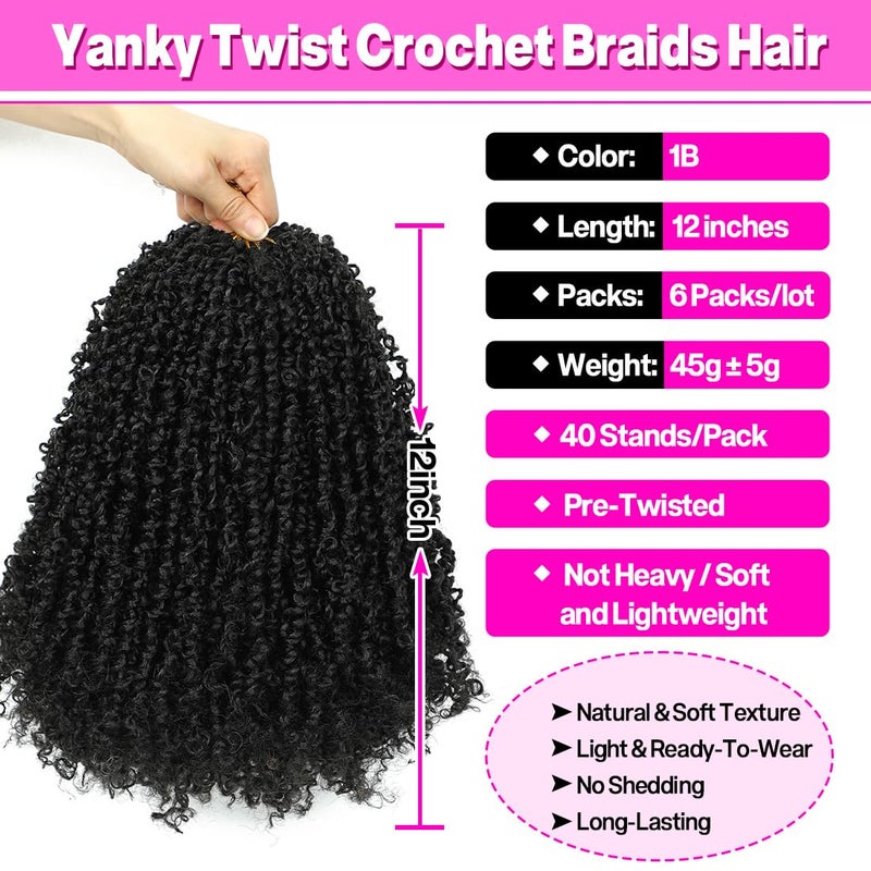 Youngther Yanky twist crochet hair 12 Inch 6Pack(40stands/Pack) Natural Black Pre-Twisted Fluffy Yankee Twist curly crochet hair for black women hair (1B) - Image 3