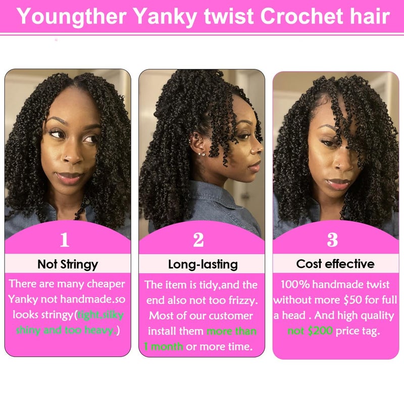 Youngther Yanky twist crochet hair 12 Inch 6Pack(40stands/Pack) Natural Black Pre-Twisted Fluffy Yankee Twist curly crochet hair for black women hair (1B) - Image 5