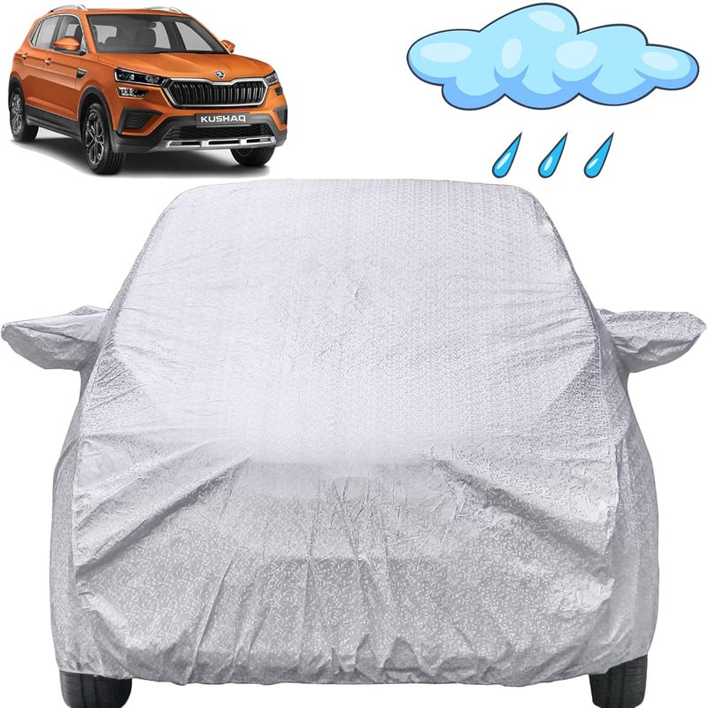 Autofact Kushaq Waterproof Car Cover with Mirror Pockets, Shinning Silver Design, Non Woven Fabric,Triple Stitched, Compatible with Skoda Kushaq Car Cover (2022 to 2024), Kushaq Car Accessories - Image 1