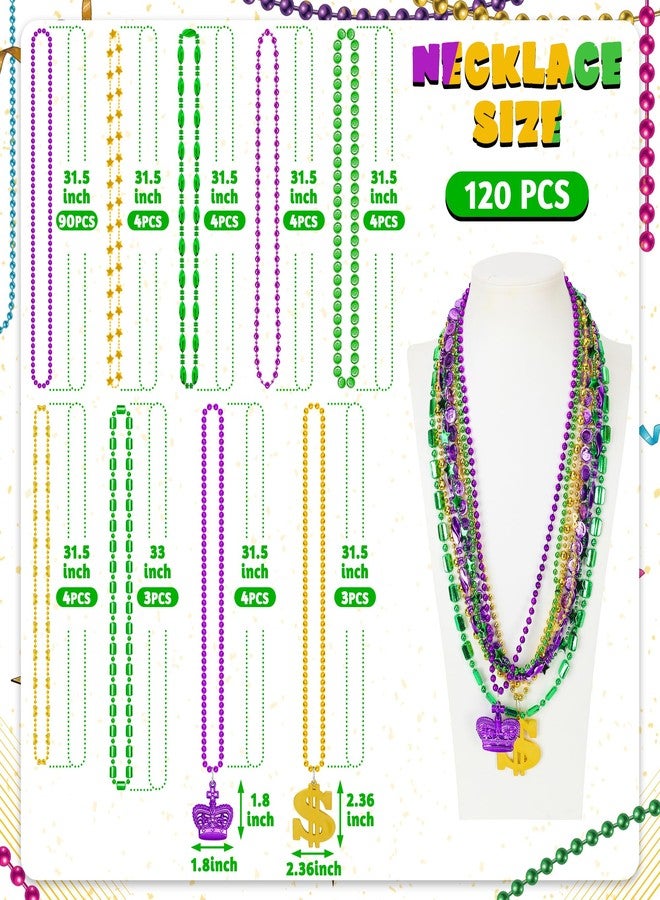 Huskein 120 PCS Mardi Gras Beads Necklace Bulk, 9 Styles Mardi Gras Accessories, Purple Gold Green Mardi Gras Beads Necklaces for Mardi Gras Parade Throws Masquerade Costume Party Decorations - Image 2