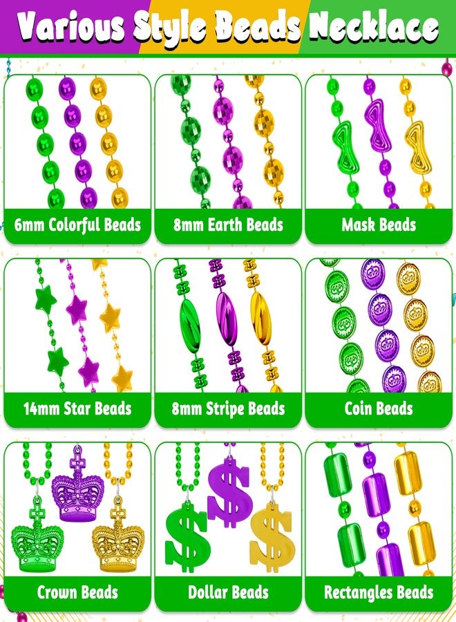 Huskein 120 PCS Mardi Gras Beads Necklace Bulk, 9 Styles Mardi Gras Accessories, Purple Gold Green Mardi Gras Beads Necklaces for Mardi Gras Parade Throws Masquerade Costume Party Decorations - Image 3